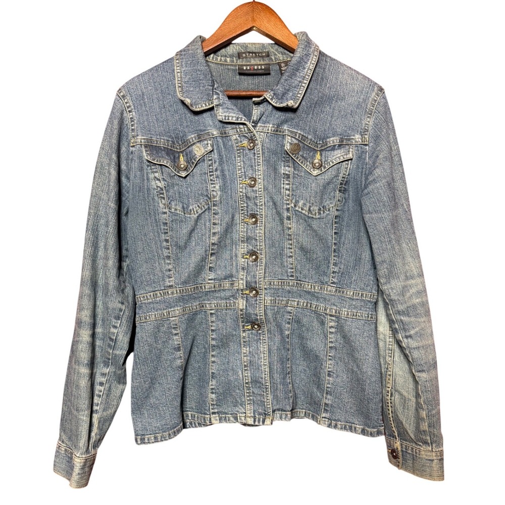 Axcess Liz Claiborne Women Small Blue Denim Stretch Jacket Button Up Tailored